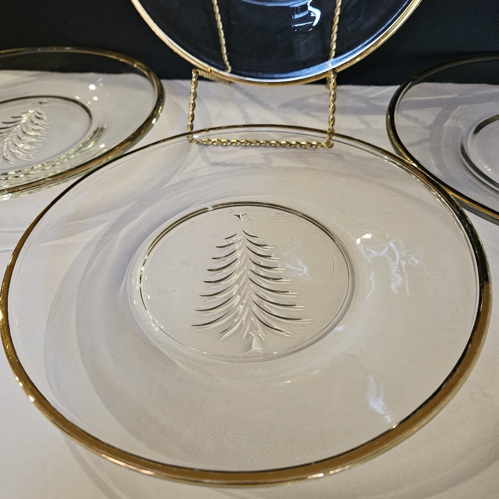 4 Indiana Glass Holiday Gold Trim Salad Plates 8” Clear Christmas Tree Star